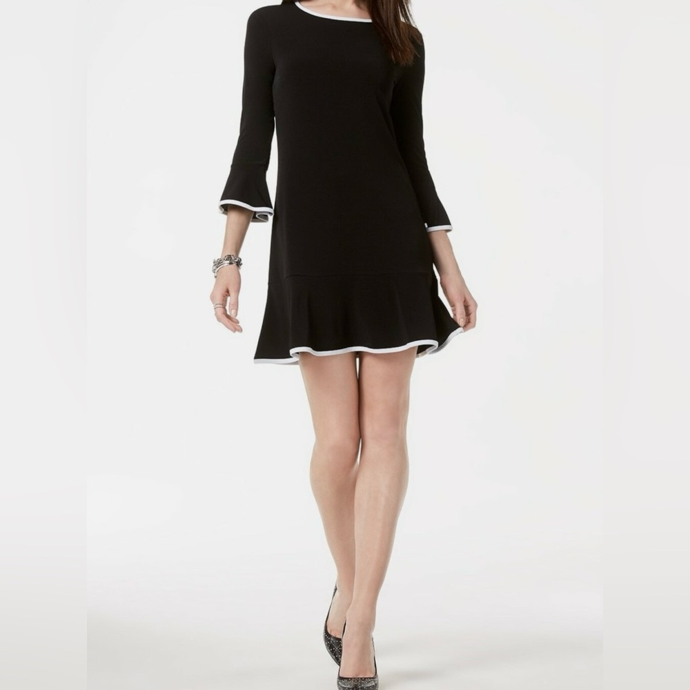 Michael Kors Black Long Sleeve Ruffle Hem Dress with White Trim